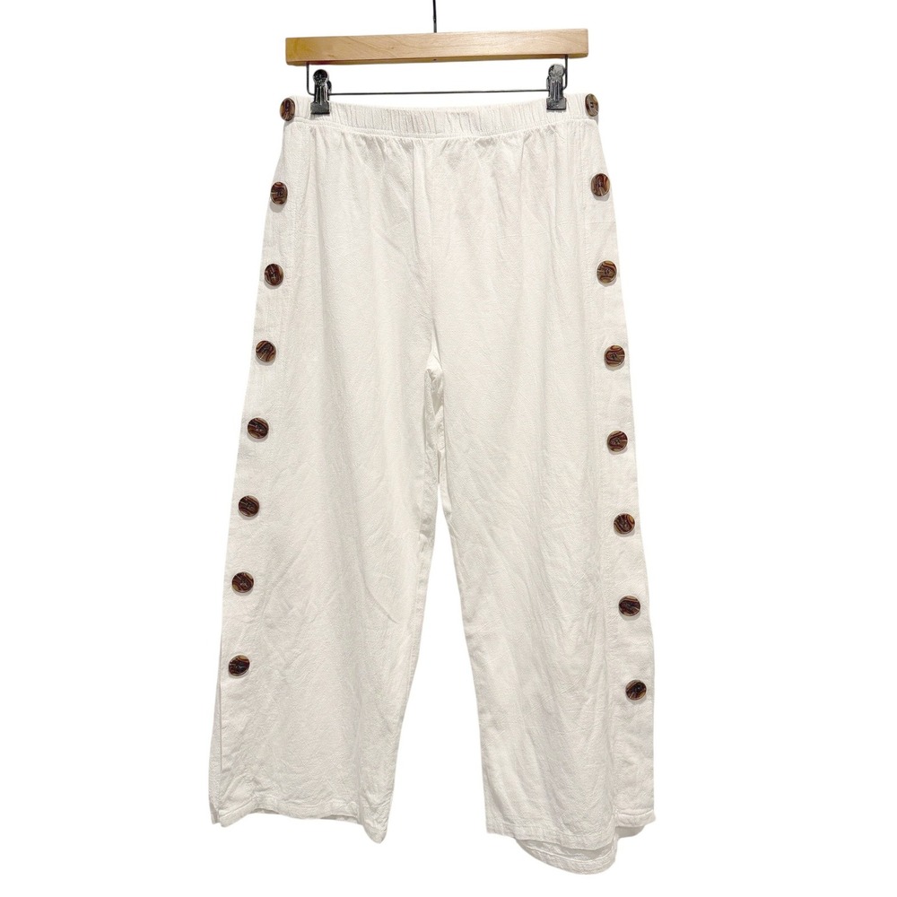 Side Button Wide Leg Pants Women Size L White Cotton Blend Sailor Resort Coastal